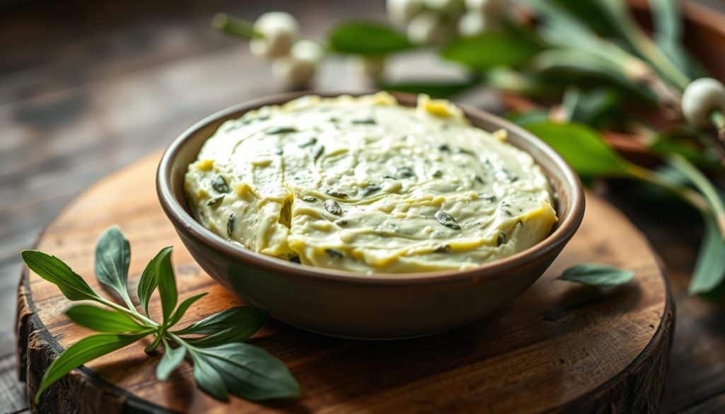 A beautifully lit close-up of a dish showcasing a freshly prepared Bärlauchbutter (wild garlic butter). The butter is presented on a rustic wooden board, its vibrant green hue and flecks of wild garlic leaves visible. The lighting is soft and natural, creating a warm, inviting atmosphere. The composition highlights the texture of the butter, with a small pile of fresh Bärlauch leaves placed nearby, emphasizing the key ingredient. The background is subtly blurred, allowing the butter to be the focal point. The overall scene conveys a sense of homemade, artisanal quality, perfectly suitable for illustrating an article on alternative ways to preserve the aroma and flavor of Bärlauch.