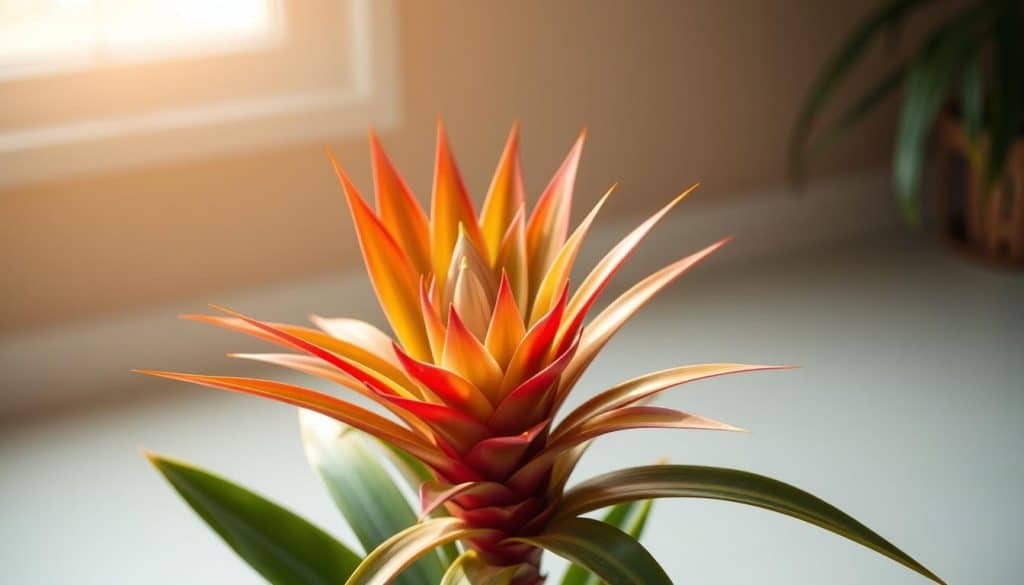 A bright, lush aechmea lanternlike bromeliad in a serene, softly lit indoor setting. The plant's vibrant red-tipped green leaves fan out in an elegant, symmetrical spiral, illuminated by warm, diffused lighting from an unseen window. The background is a tranquil, muted palette of neutral tones, creating a sense of peaceful, natural harmony. The overall composition emphasizes the plant's graceful, sculptural form and its need for bright, indirect light. Captured with a sharp focus and a shallow depth of field, drawing the viewer's attention to the plant's captivating details.