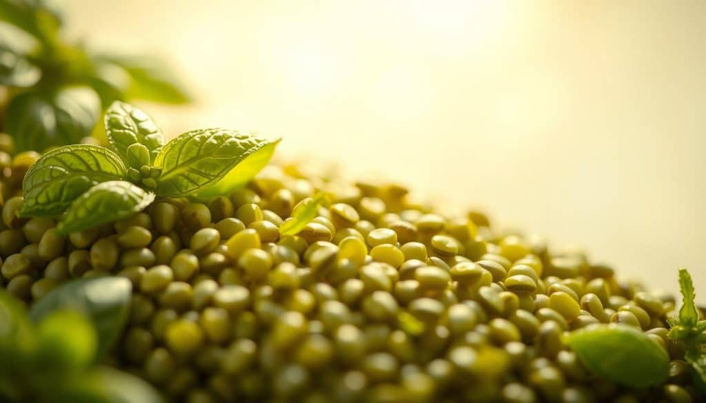 A close-up of lush, vibrant green basil seeds against a soft, ethereal backdrop. The seeds appear glistening and well-nourished, conveying their inherent health and beauty benefits. Warm, diffused lighting illuminates the scene, creating a serene, inviting atmosphere. The composition emphasizes the seeds' intricate textures and natural sheen, highlighting their potential to nourish and rejuvenate skin and hair. A delicate, luminous haze in the background suggests an otherworldly, almost spiritual quality to the image, reflecting the exceptional properties of these remarkable botanical wonders.