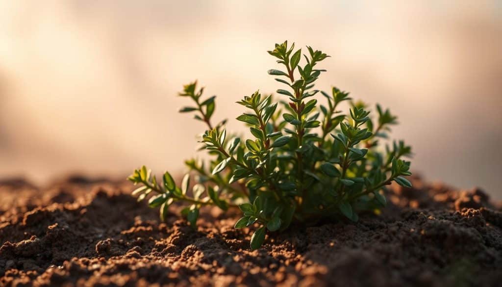 A close-up photograph of an aromatic thyme plant against a soft, hazy background. The thyme leaves are a vibrant green, glistening with morning dew, casting long shadows on the textured soil. Warm, golden sunlight filters through wispy clouds, creating a serene, natural atmosphere. The image conveys the soothing, therapeutic qualities of the herb, showcasing its potential as a natural remedy. Captured with a shallow depth of field, the thyme is the focal point, highlighting its antioxidant properties and medicinal benefits.