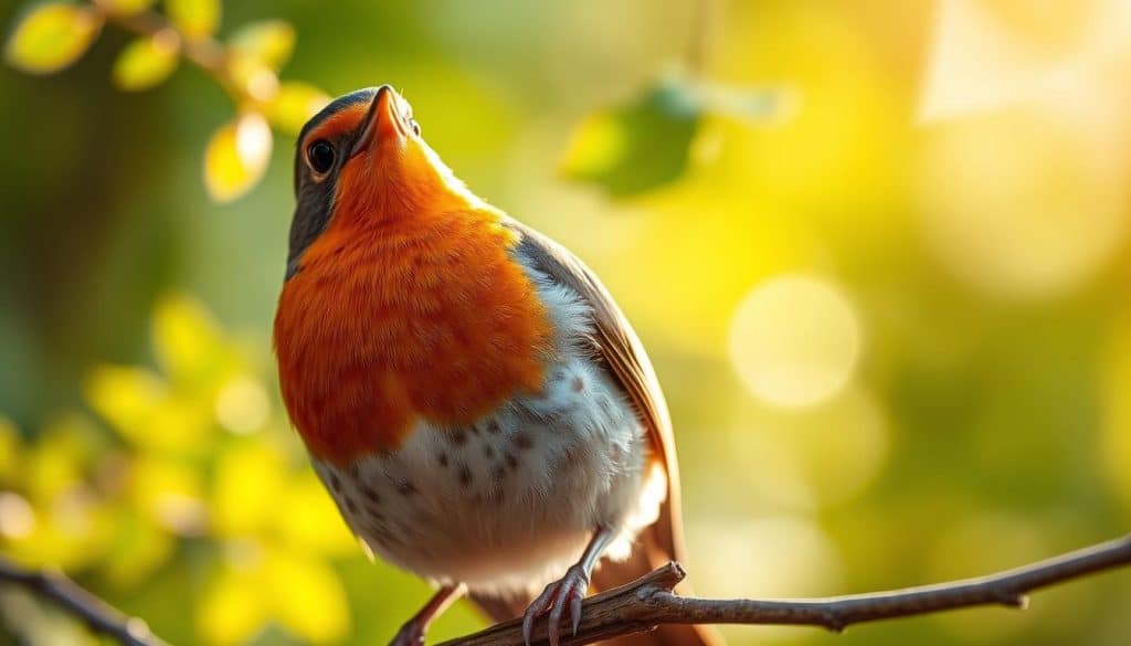A close-up portrait of a European robin (Erithacus rubecula) in its natural habitat during the breeding season. The bird is perched on a branch, its head tilted slightly, its bright red breast feathers gleaming in the soft, warm light of the golden hour. The background is blurred but suggests a lush, verdant forest setting, with delicate green foliage and dappled sunlight filtering through the canopy. The robin's eyes are alert and focused, capturing its intense concentration as it engages in typical breeding behaviors, such as singing or defending its territory. The image conveys a sense of tranquility and the inherent beauty of this iconic songbird during a crucial phase of its annual cycle.