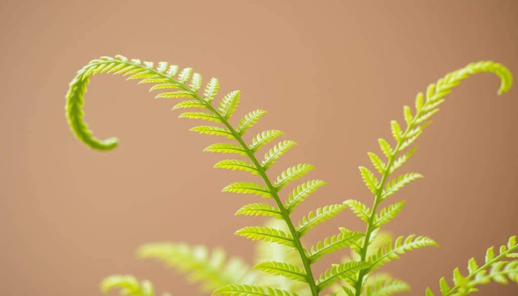 A close-up shot of a healthy Nephrolepis exaltata fern, with its lush, bright green fronds stretching upwards in a graceful arc. The leaves are delicately detailed, with a slight sheen reflecting the soft, warm lighting from above. The plant is positioned in the center of the frame, with a blurred, neutral background that allows the fern to be the focal point. The composition emphasizes the fern's natural beauty and elegance, capturing the essence of its care requirements and the ideal growing conditions it thrives in.