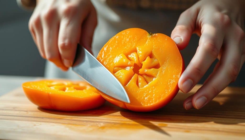 A close-up shot of a person's hands skillfully cutting a ripe, orange-colored persimmon fruit on a wooden cutting board. The sharp blade of a kitchen knife glides effortlessly through the soft, jelly-like flesh, revealing the intricate patterns within. Soft natural lighting casts subtle shadows, highlighting the delicate texture of the fruit's skin. The background is blurred, keeping the focus on the precise technique of the person's hands as they carefully prepare the Kaki for consumption. An atmosphere of culinary expertise and attention to detail pervades the scene.