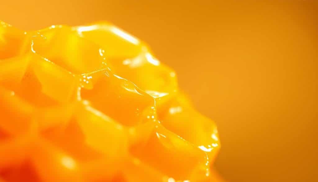 A close-up shot of several golden honeycomb hexagons, glistening with viscous honey against a soft, out-of-focus background. Warm, natural lighting casts a comforting glow, highlighting the intricate textures and the golden hues of the honey. The composition emphasizes the pure, organic nature of the honey, conveying its health benefits through its natural beauty. The image evokes a sense of rustic simplicity and wellness, reflecting the title "Gesundheitsvorteile von Honig".
