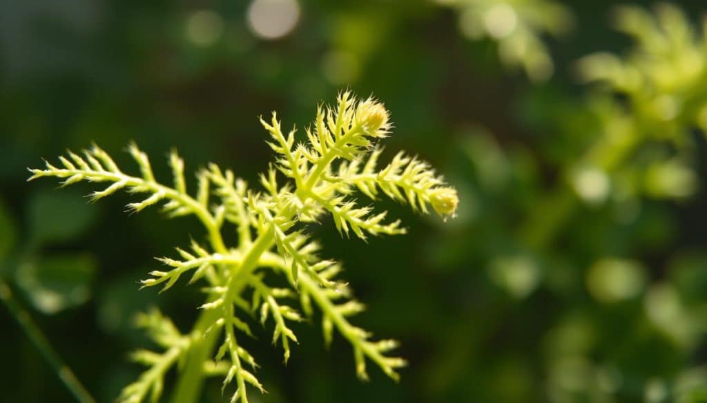 A close-up view of a Mimosa pudica plant, its delicate leaves gently retracting in response to a gentle touch. The soft, fern-like foliage is illuminated by natural, diffused sunlight, casting subtle shadows that accentuate the plant's unique movements. The background is blurred, placing the focus entirely on the captivating behavior of this "sensitive plant". The image is captured with a macro lens, allowing the viewer to appreciate the intricate details of the Mimosa's remarkable adaptation. The overall mood is serene and meditative, inviting the observer to pause and marvel at the wonders of nature.
