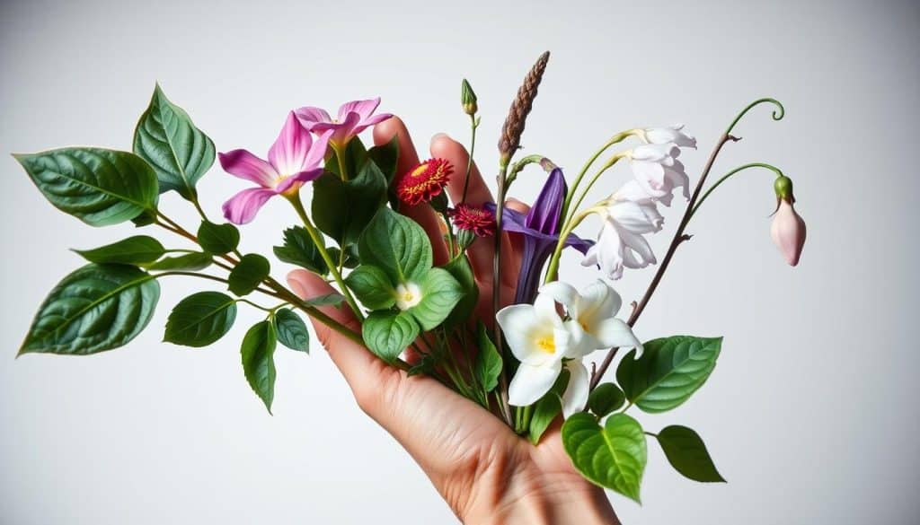 A close-up view of a human hand holding various poisonous plants, such as datura, oleander, and monkshood, against a clean, clinical background. The plants are displayed prominently, with their distinctive features - leaves, flowers, and stems - clearly visible. The lighting is bright and even, creating a sense of analytical clarity. The composition emphasizes the danger and potential harm of these toxic flora, with a sense of unsettling stillness and tension. The overall mood evokes a cautionary tale, guiding the viewer to recognize the warning signs of poisoning.