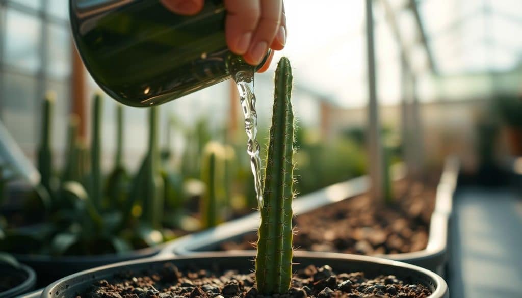 A close-up view of a person's hands carefully watering a tall, slender column-shaped cactus plant. The cactus is situated in a warm, sunlit environment, perhaps a greenhouse or a well-lit indoor space. The soil is dark and moist, and the cactus appears to be thriving, with its distinctive green, ridged stems reaching upwards. The lighting is soft and diffused, creating a gentle, calming atmosphere. The angle of the shot highlights the delicate task of caring for this unique and distinctive succulent plant.