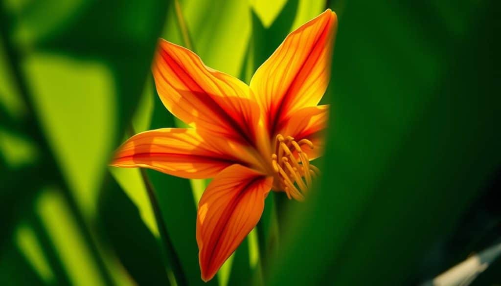 A close-up view of a vibrant Gloriosa superba flower, its petals unfurling in a warm, golden-hued natural light. The lush, verdant leaves provide a serene backdrop, drawing the eye to the magnificent blossom. The composition is framed by soft, diffused shadows, creating a sense of depth and atmosphere. The image exudes a sense of natural beauty, grace, and the careful tending required to cultivate this magnificent tropical plant. A delicate interplay of light and shadow accentuates the vibrant colors and intricate details of the Gloriosa's regal form.