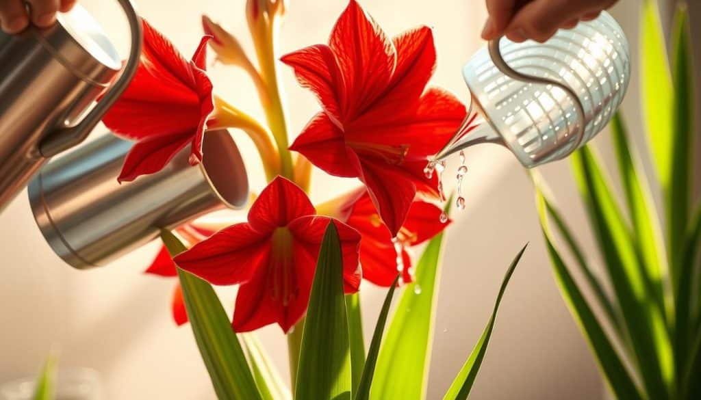 A close-up view of an amaryllis plant (Hippeastrum) being carefully watered. The vibrant red blooms stand tall against a soft, blurred background. Warm, natural lighting casts gentle shadows, highlighting the delicate petals and lush green foliage. The gardener's hands gently pour water from a watering can, creating a serene, meditative atmosphere. The scene conveys the nurturing care required to maintain a healthy amaryllis, reflecting the subject of "Die richtige Pflege der Amaryllis, Ritterstern".