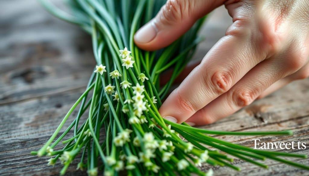 A closeup shot of a hand gently caring for a bundle of fresh chives, their vibrant green stems and delicate flowers captured in soft, diffused natural lighting. The chives rest on a rustic wooden surface, the background slightly blurred to focus attention on the foreground. There is a sense of tranquility and attention to detail, as if the viewer is witnessing a gardener's mindful post-harvest ritual. The image evokes the nurturing process of properly maintaining and preserving this flavorful herb after a bountiful harvest.