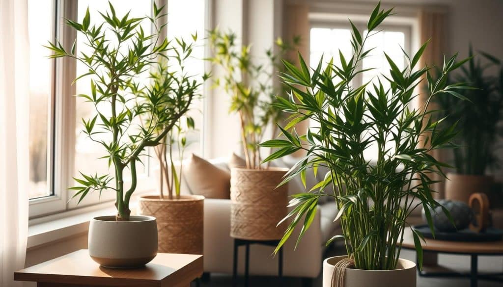 A cozy indoor scene showcasing decorative Zimmerbambus plants. In the foreground, a meticulously pruned and arranged bamboo plant in a modern ceramic pot, casting soft shadows on the wooden side table beside it. The middle ground features additional Zimmerbambus specimens in woven rattan baskets, their slender stems swaying gently in the warm, natural light flooding through large windows. The background depicts a minimalist living space with neutral-toned walls and furnishings, allowing the verdant, lush foliage to take center stage as a striking, natural accent piece. The overall mood is one of tranquility, balance, and the harmonious integration of nature into the domestic environment.