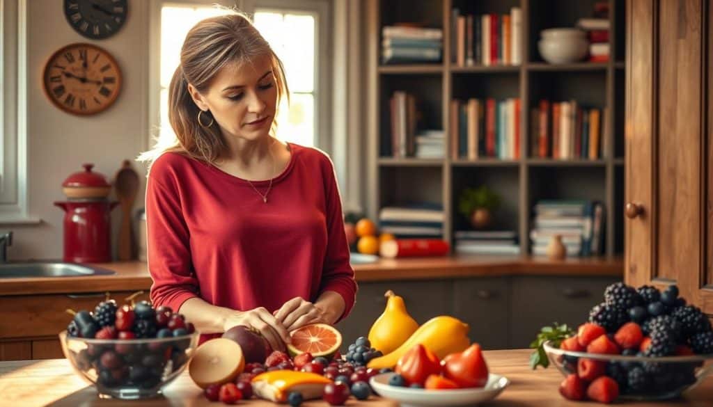 A cozy kitchen scene with a woman standing by a table, examining various low-sugar fruits and berries. The lighting is warm and inviting, with soft rays peeking through the windows. The woman has a contemplative expression, highlighting the challenges of living with fructose intolerance. In the background, a bookshelf with health-related books suggests research and finding solutions. The overall atmosphere conveys a sense of mindfulness and the search for a balanced, fructose-friendly lifestyle.