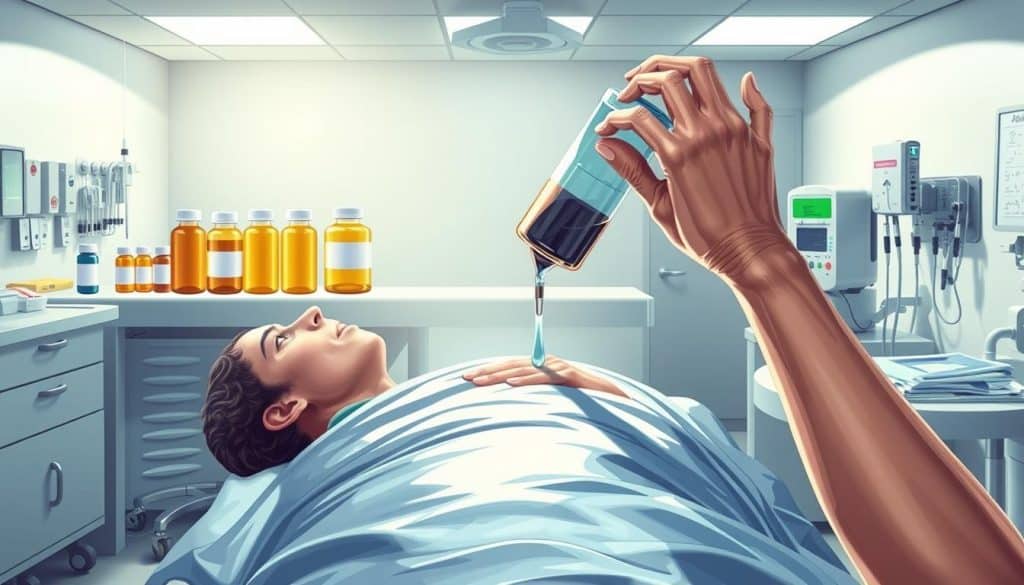 A detailed medical illustration depicting the treatment of oleander poisoning. In the foreground, a pair of hands administering activated charcoal or gastric lavage to an unconscious patient lying on an examination table. In the middle ground, several pharmaceutical vials and medical instruments relevant to oleander poisoning treatment. The background shows a sterile, well-lit hospital room with clinical equipment and supplies. The lighting is bright and directional, casting dramatic shadows and highlighting the medical procedures. The overall atmosphere conveys the urgency and importance of swift, effective treatment for this potentially fatal plant poisoning.