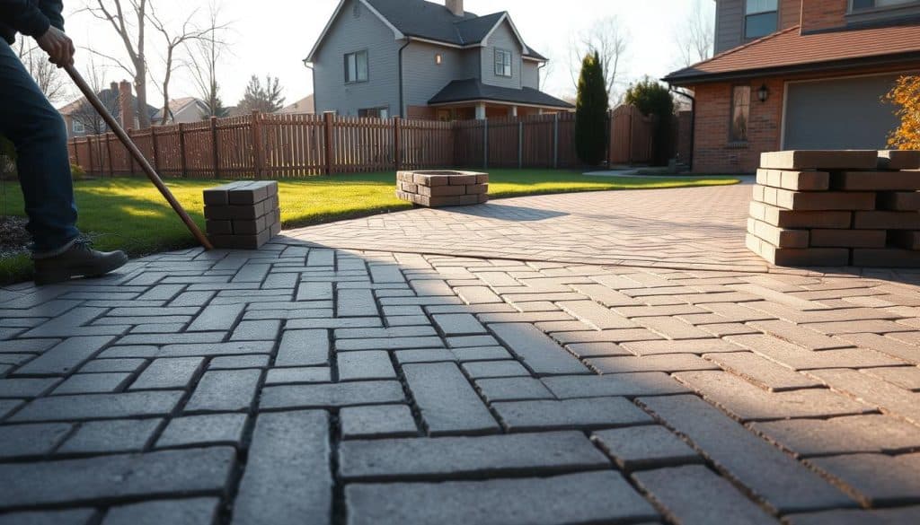 A detailed scene of a brick paving project in a suburban setting. The foreground shows a worker carefully laying down rectangular paving stones in a herringbone pattern, the stones interlocking seamlessly. The middle ground features a partially completed driveway, with a neatly stacked pile of additional pavers nearby. The background depicts a well-manicured lawn, a wooden fence, and a two-story house with a warm, inviting atmosphere. The lighting is natural and soft, creating long shadows that add depth and dimension to the scene. The overall mood is one of industrious productivity and a sense of accomplishment in a job well done.