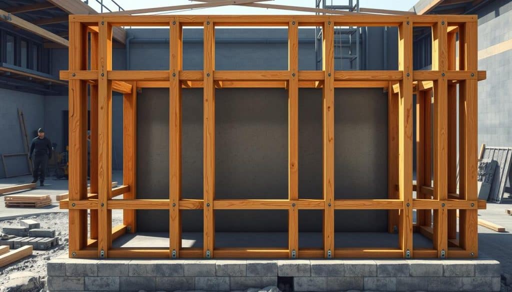 A detailed, technical illustration of a sturdy concrete formwork structure, showcasing its key components and construction. The foreground depicts the formwork frame, composed of robust wooden beams and supports, meticulously assembled to provide a stable foundation for the concrete pour. The middle ground features the formwork panels, their surfaces smooth and uniform, ready to contain the wet concrete. In the background, a construction site setting with tools, equipment, and workers provides context, conveying a sense of professional craftsmanship and attention to detail. The lighting is crisp and directional, highlighting the formwork's textures and casting dramatic shadows to emphasize its structural integrity. The overall mood is one of precision, reliability, and the mastery of concrete construction techniques.