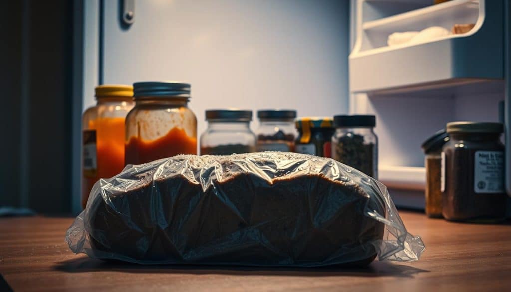 A dimly lit kitchen counter, showcasing various food items improperly stored. In the foreground, a loaf of bread sits on the counter, its plastic packaging crumpled and condensation beading on the surface. Beside it, a honey jar with a crystallized and hardened exterior. In the middle ground, jars of spices and herbs are arranged haphazardly, their lids slightly askew. The background features a refrigerator, its door slightly ajar, highlighting the incorrect storage of these temperature-sensitive goods. Soft, warm lighting casts an amber glow, emphasizing the spoilage and deterioration of the improperly stored foodstuffs. The overall scene conveys a sense of neglect and the consequences of improper food storage.