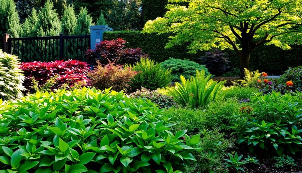 A harmonious Feng-Shui garden filled with lush, vibrant plants. In the foreground, a variety of leafy, low-growing groundcover plants like hosta and ferns create a soft, inviting texture. Midground features a mix of upright evergreen shrubs like azalea and camellia, their delicate blossoms adding pops of color. Towering in the background, a graceful Japanese maple tree casts gentle shadows, its leaves dancing in the warm, natural light. The overall scene exudes a sense of peaceful tranquility, the plants arranged in a balanced, flowing composition that radiates the principles of Feng-Shui.