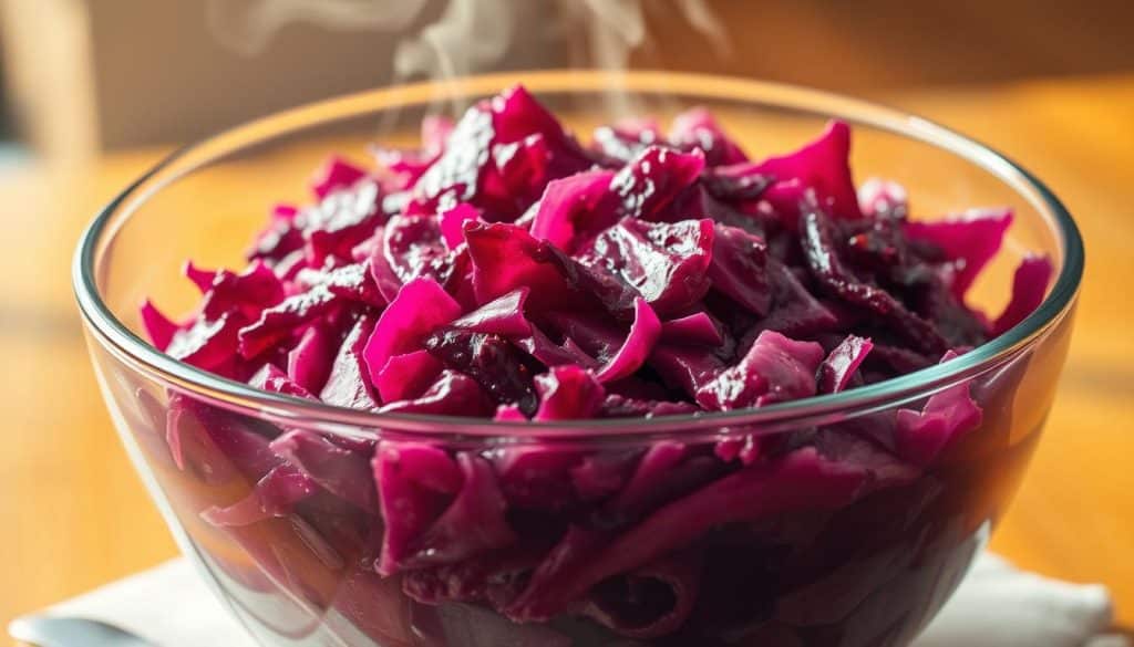 A large glass bowl filled with freshly cooked, vibrant red cabbage. The cabbage has a rich, deep burgundy hue, glistening with moisture. Wisps of steam rise from the bowl, creating a cozy, homemade atmosphere. The texture of the cabbage is soft and tender, inviting the viewer to imagine the satisfying crunch as they take a bite. The lighting is warm and natural, accentuating the jewel-toned colors. The scene is shot from a slightly elevated angle, allowing the viewer to peer into the bowl and appreciate the inviting presentation. The overall mood is comforting and appetizing, evoking the feeling of a nourishing, homemade meal.