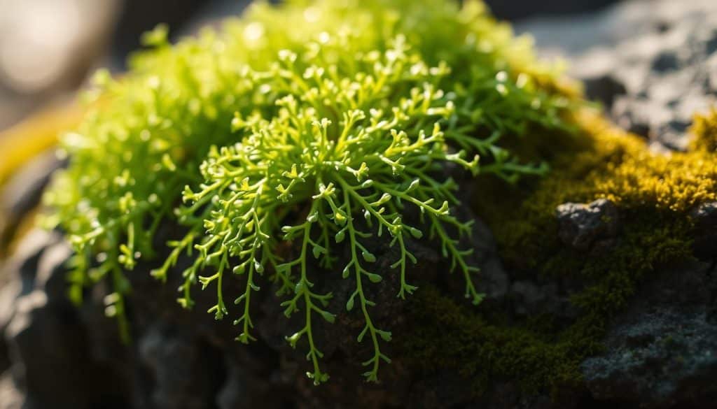 A luscious and thriving Nertera, commonly known as coral moss, with delicate emerald-green fronds cascading over a weathered, mossy rock formation. The plant is illuminated by warm, diffused natural lighting, casting gentle shadows that accentuate its intricate textures and vibrant hues. The scene is captured with a shallow depth of field, drawing the viewer's focus to the captivating, up-close details of the coral moss. An atmosphere of tranquility and natural harmony permeates the image, inviting the observer to appreciate the beauty and fragility of this unique botanical specimen.