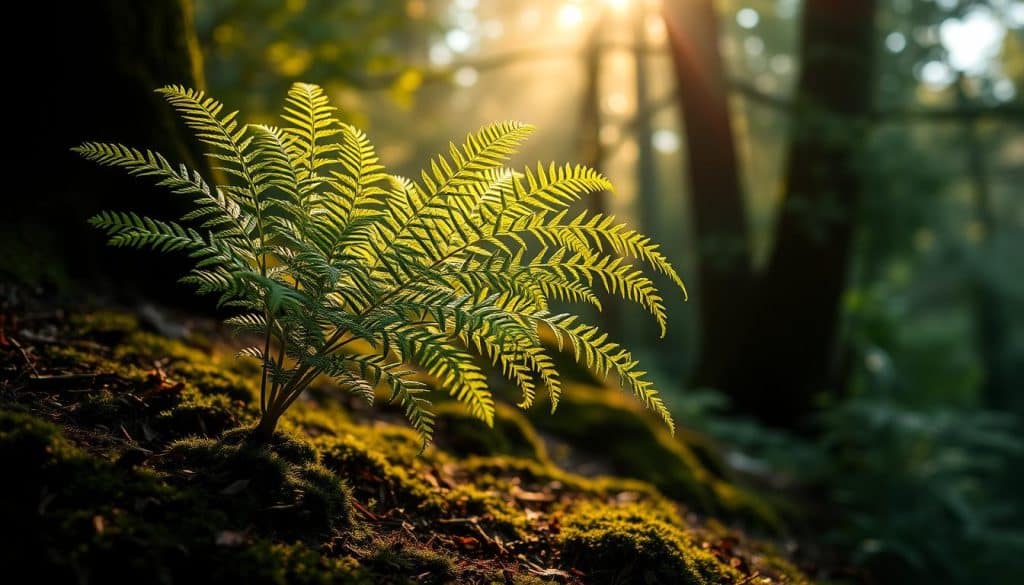 A lush and verdant composition of a dwarf tree fern, Baumfarn Gestaltungen, against a backdrop of soft, diffused light. The fern's intricate, finely-detailed fronds unfurl gracefully, casting delicate shadows across the earthy, mossy forest floor. A warm, golden glow filters through the canopy, bathing the scene in a tranquil, almost ethereal ambiance. The image conveys a sense of tranquility and wonder, inviting the viewer to appreciate the natural beauty and architectural elegance of this diminutive yet captivating plant.