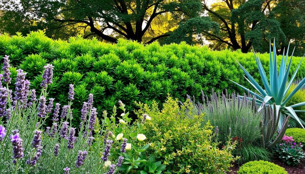 A lush and verdant garden scene, showcasing an array of alternative hedging plants without toxic compounds. In the foreground, a vibrant mix of fragrant, flowering shrubs such as lavender, rosemary, and fragrant mock orange, their delicate blooms swaying gently in a soft breeze. In the middle ground, a neatly trimmed hedge of hardy, evergreen foliage plants like boxwood and yucca, providing year-round visual interest. The background features a dense grove of deciduous trees, casting warm, dappled light across the scene. The overall mood is one of natural serenity and botanical harmony, creating a welcoming, toxin-free environment. Captured with a wide-angle lens, the image conveys a sense of depth and naturalistic, garden-like atmosphere.