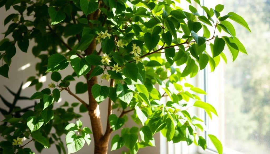 A lush and verdant indoor potted plant, the Zimmerlinde (also known as Tilia cordata or Littleleaf Linden), stands elegantly in a sun-dappled corner. The plant's graceful, heart-shaped leaves cast a gentle, calming shade. Delicate, pale yellow flowers bloom in clusters, their sweet fragrance filling the air. The Zimmerlinde's thick, sturdy trunk rises from a well-draining, nutrient-rich soil, its bark a warm, earthy brown. Soft, diffused natural light filters through a nearby window, illuminating the plant's vibrant foliage. The scene conveys a sense of tranquility and harmony, highlighting the Zimmerlinde's ideal growing conditions and care requirements.