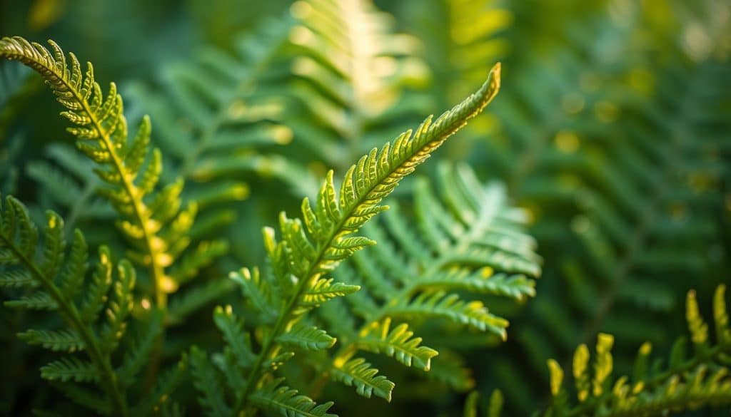 A lush, detailed close-up view of a vibrant, pristine Stechpalmenfarn (Holly Fern) plant. The finely textured, leathery green fronds with their distinctive spiny, tooth-edged edges stand tall, catching the soft, warm light from an angled direction. The intricate patterns of the venation and the subtle variations in hue create a captivating, almost sculptural quality. The background is softly blurred, allowing the central subject to command the viewer's attention. The overall mood is one of serene, botanical elegance, highlighting the unique, ornamental characteristics of this remarkable fern species.