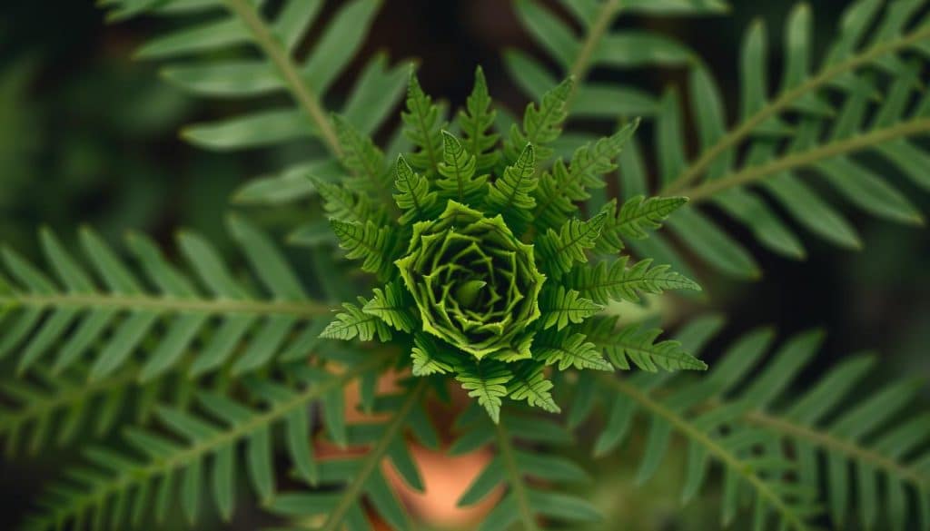 A lush fern specimen in a soft, natural light, showcasing the intricate, overlapping fronds of the Asplenium, or Nestfarn. The leaves emerge from a central crown, unfurling in a graceful, spiral pattern, their deep green hues contrasted by delicate veining. The fronds are arranged in an elegant, radial composition, creating a sense of balance and harmony. The background is blurred, allowing the viewer to focus on the mesmerizing details of the Nestfarn's unique growth patterns and textures. A reverent, almost meditative atmosphere pervades the scene, inviting the observer to appreciate the beauty and resilience of this remarkable plant.