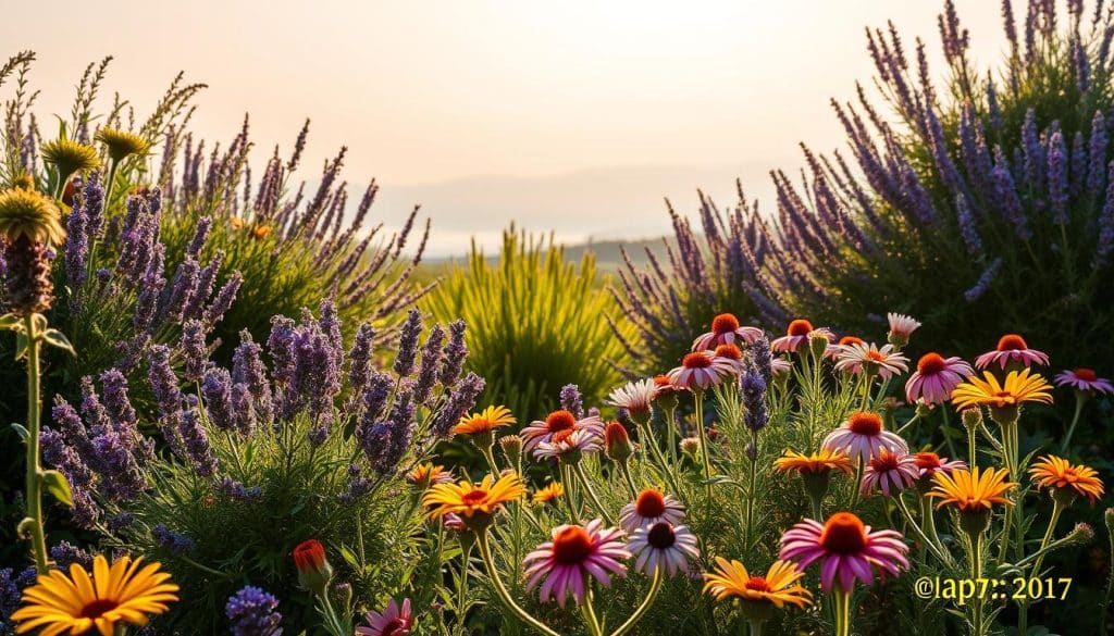 A lush garden scene with vibrant, heat-tolerant perennial plants thriving in the summer sun. The foreground features a colorful array of resilient, drought-resistant flowers such as lavender, sage, and coneflowers, their petals gently swaying in a warm breeze. In the middle ground, sturdy, heat-loving shrubs like rosemary and lavender provide a textured, layered backdrop. The background depicts a tranquil, hazy horizon, with the warm glow of the sun casting a golden hue across the scene. The composition is balanced, with a sense of depth and movement, capturing the resilience and beauty of plants adapted to warm, arid conditions. Soft, natural lighting illuminates the garden, creating a serene, inviting atmosphere.