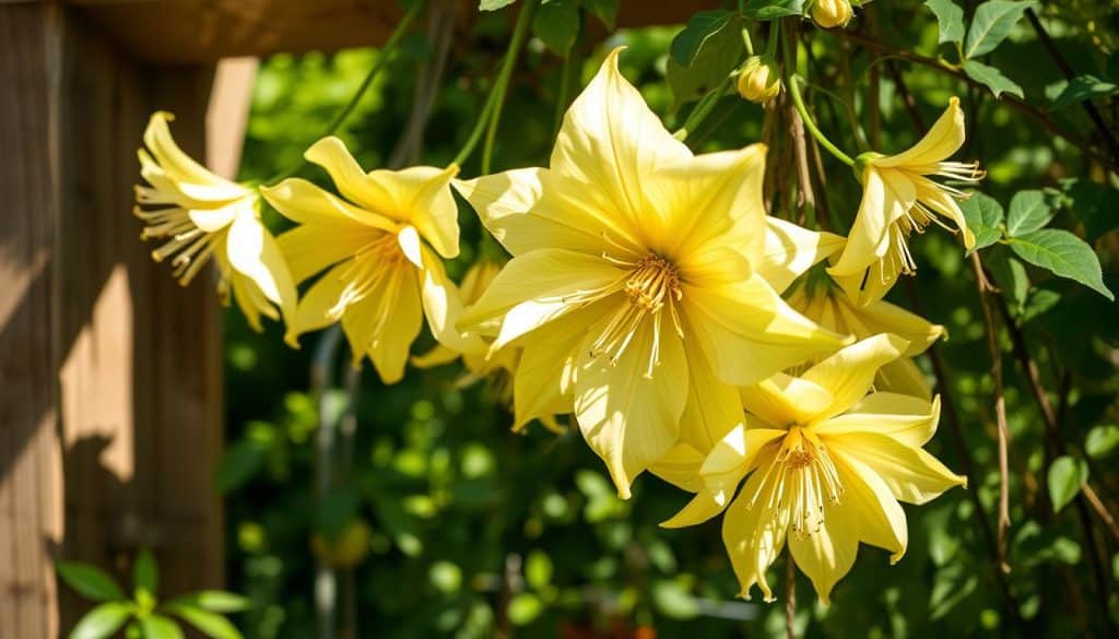 A lush, golden-hued Clematis tangutica in full bloom, its cascading flowers billowing gently in the soft summer breeze. Delicate petals radiate outward from the center, creating a vibrant, sun-kissed display. The vine clings gracefully to a rustic wooden trellis, framed by a verdant backdrop of lush foliage. Warm, directional lighting illuminates the scene, casting subtle shadows and highlights that accentuate the flower's intricate textures and shapes. The composition is balanced, with the clematis taking center stage, inviting the viewer to immerse themselves in the beauty of this captivating climber during its peak flowering season.