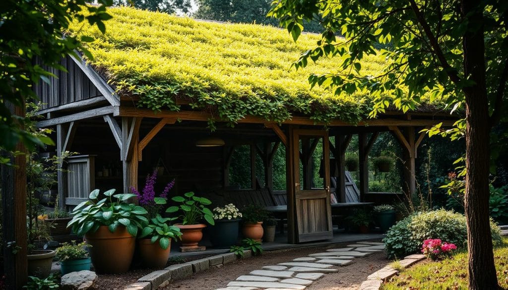A lush green roof crowns a rustic wooden garden house, its natural foliage cascading over the eaves. Sunlight filters through the verdant canopy, casting a warm, earthy glow across the picturesque scene. The structure's timbers are weathered and textured, blending seamlessly with the surrounding landscape. Carefully cultivated plants spill from planters, their vibrant hues adding pops of color to the serene composition. In the foreground, a path of natural stones winds its way towards the entrance, inviting exploration of this tranquil oasis. Soft, diffused lighting illuminates the scene, creating a sense of peaceful tranquility.