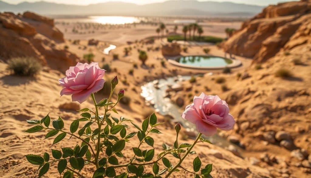 A lush, healthy Wüstenrose plant nestled in a desert landscape, its delicate pink blossoms contrasted against the warm, earthy tones of the surrounding sand. The foreground showcases the rose in graceful detail, its succulent leaves and thorny stems gently swaying in a soft breeze. In the middle ground, a dry riverbed cuts through the scene, with scattered rocks and a few sparse desert shrubs. The background is a panoramic view of a distant oasis, with palm trees and a shimmering pool of water reflecting the bright, golden sunlight. The overall mood is one of tranquility and resilience, highlighting the Wüstenrose's ability to thrive in the harshest of environments.