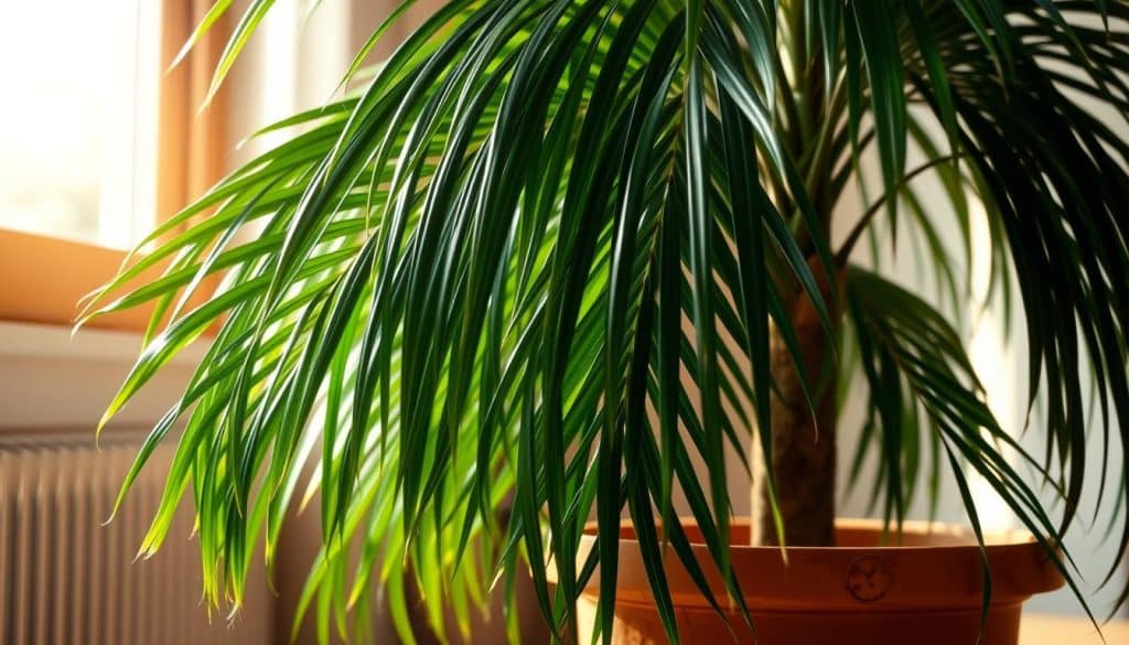 A lush, indoor Madagascarpalm (Dypsis decaryi) in a warm, natural-light-filled room. The palm's fronds elegantly cascade down, their deep green hues contrasting against the soft, earthy tones of the clay pot it grows in. Sunlight filters through the window, casting a gentle spotlight on the plant's graceful silhouette. The scene exudes a sense of tranquility and care, inviting the viewer to imagine tenderly nurturing this resilient, tropical houseplant. The composition focuses on the plant's form, highlighting its structural beauty and the tactile quality of its leaves. An atmospheric, close-up perspective emphasizes the plant's presence as a calming, living centerpiece.