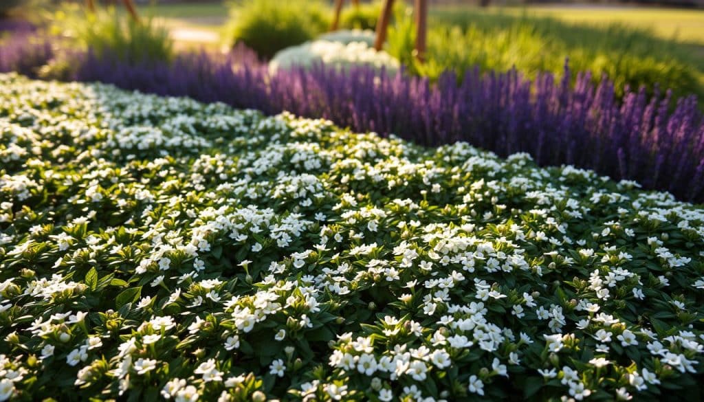 A lush, low-growing carpet of Teppich-Verbene (Phyla nodiflora 'Summer Pearls') covers the foreground, its delicate, pearl-like white blooms nestled among the dense, dark green foliage. The flowers are arranged in tight clusters, radiating outward from the stems, creating a soft, textural tapestry. Warm, diffused sunlight filters through the scene, casting a gentle, golden glow and creating long, soft shadows that accentuate the plant's diminutive scale. The middle ground features a blend of complementary hues, with splashes of deeper greens and hints of purple, while the background gently recedes into a softly blurred, natural landscape, allowing the Teppich-Verbene to take center stage.
