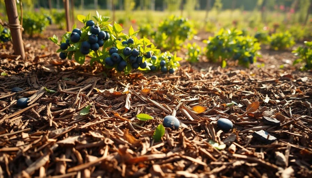 A lush, natural landscape of organic mulch materials, bathed in warm, diffused sunlight. In the foreground, a mix of shredded bark, wood chips, and fallen leaves create a deep, textured layer covering the soil. Closer inspection reveals the rich, earthy tones and varied patterns of the decomposing organic matter. In the middle ground, clusters of fresh, vibrant blueberry bushes stand tall, their green foliage contrasting with the muted, earthy tones of the mulch. The background features a soft, blurred scene of a bountiful berry garden, with hints of other fruit-bearing shrubs and trees. The overall atmosphere is one of fertility, growth, and a harmonious balance between nature's elements.