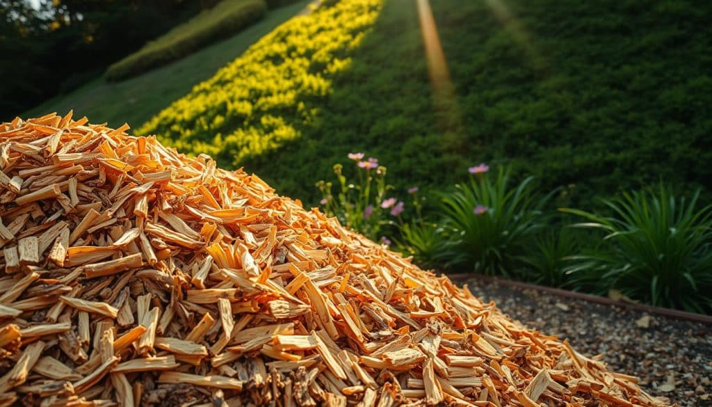 A lush, natural scene featuring a pile of freshly shredded wood chips, or Holzhäcksel, in the foreground. The wood pieces are of varying sizes, with a warm, earthy color palette that contrasts beautifully with the verdant, well-tended garden surrounding it. Rays of soft, golden sunlight filter through the scene, creating a serene and inviting atmosphere. In the middle ground, a few scattered wildflowers add a touch of vibrant color, while the background is dominated by a gently sloping hill covered in dense, healthy vegetation. The overall impression is one of a rich, sustainable natural environment, where the Holzhäcksel serves as a natural soil conditioner and mulch, nourishing the soil and supporting plant growth.