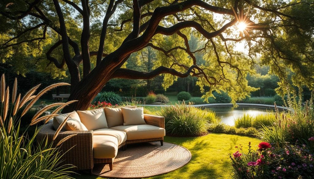 A lush, outdoor living room nestled in a verdant garden. A plush, L-shaped sofa sits atop a woven rug, surrounded by tall, swaying grasses and blooming perennials. Dappled sunlight filters through the canopy of a sprawling tree, casting a warm, golden glow over the scene. In the distance, a small pond reflects the sky, its surface gently rippling. The overall atmosphere is one of tranquility and relaxation, inviting the viewer to sink into the comfort of the sofa and escape the stresses of the day.