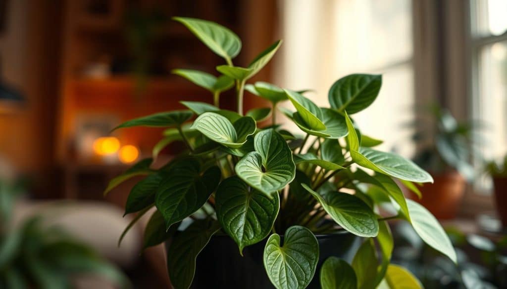 A lush, potted Peperomia plant set against a warm, softly-lit backdrop. The fleshy, green leaves gently cascade, showcasing their intricate veining and glossy sheen. The plant is positioned in the foreground, with a blurred, cozy interior scene in the background, hinting at the ideal temperature and environment for the thriving specimen. Gentle shadows and highlights accentuate the plant's three-dimensional form, creating a sense of depth and atmosphere. The lighting is natural and diffused, conveying a sense of tranquility and care. The overall composition is balanced and visually appealing, perfectly capturing the essence of the "Fleischige Peperomie, Zwergpfeffer" and its optimal growing conditions.