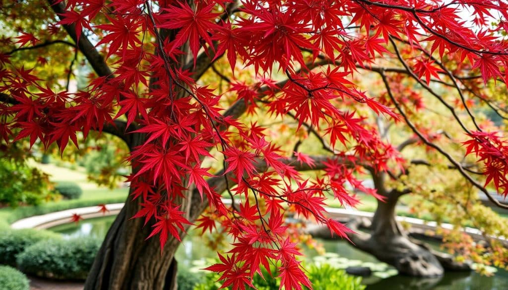 A lush, sprawling Japanese maple tree in a serene garden setting. The foreground features the graceful, intricate leaves in shades of deep red and vibrant green, delicately swaying in a gentle breeze. The middle ground showcases the tree's elegant trunk and branches, their bark textured and gnarled. In the background, a tranquil pond reflects the tree's image, surrounded by a halo of soft, diffused natural light. The overall scene conveys a sense of tranquility and harmony, highlighting the beauty and care required to cultivate this iconic Japanese plant.