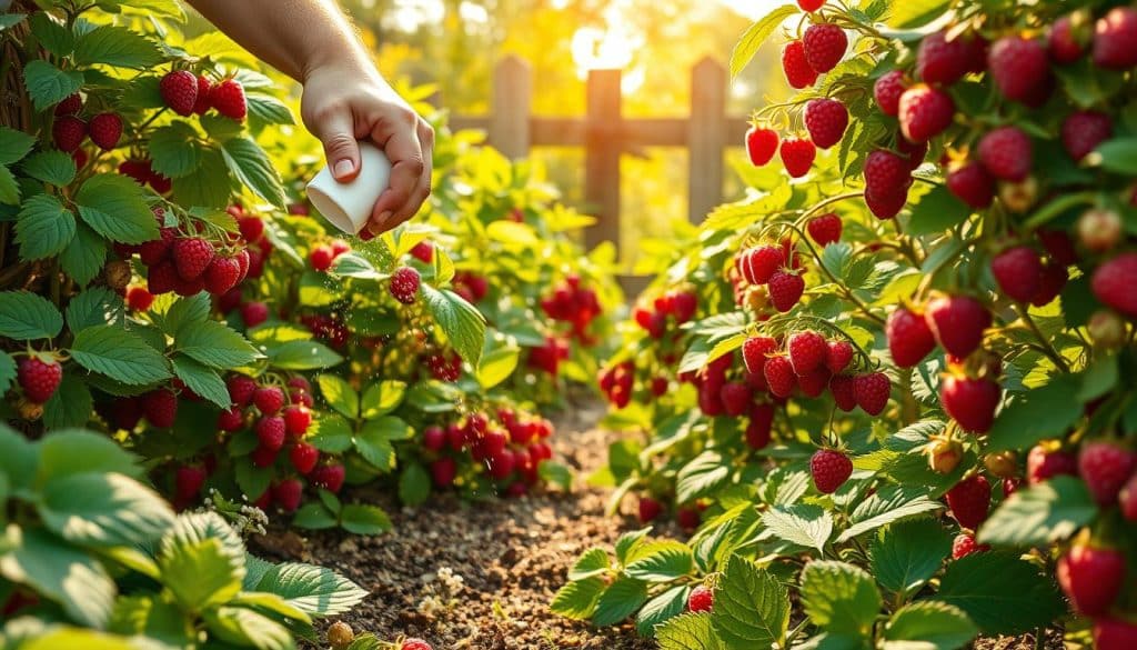 A lush, sun-dappled summer garden, filled with abundant clusters of ripe, ruby-red raspberries. In the foreground, a gardener carefully sprinkles a balanced organic fertilizer around the base of the raspberry canes, nourishing the plants for a bountiful harvest. The middle ground showcases the vibrant green foliage, interspersed with delicate white blossoms, hinting at the future fruit. In the background, a picturesque wooden fence frames the scene, while a warm, golden light filters through the leaves, creating a serene and inviting atmosphere. The overall composition captures the essence of the summer raspberry season and the importance of proper, seasonal fertilization.