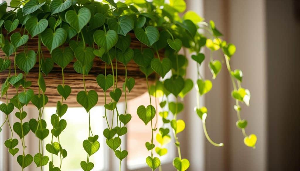 A lush, trailing String of Hearts plant cascading over a weathered wooden planter, illuminated by soft, natural light filtering through a window. The pendant, heart-shaped leaves glisten with a glossy, verdant sheen, their delicate veining and scalloped edges accentuated. The plant's long, trailing stems gracefully drape and curl, creating an enchanting, organic composition. The background is subtly blurred, allowing the plant to take center stage and highlighting its captivating, sculptural form. The overall mood is one of tranquil elegance, showcasing the plant's inherent beauty and graceful growth habit.