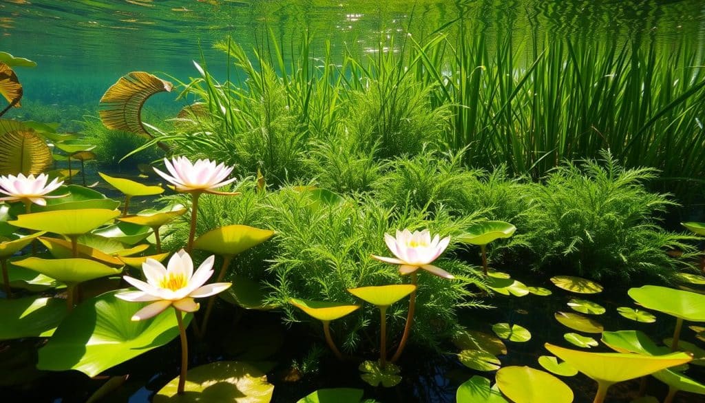 A lush, underwater botanical garden showcasing a variety of hardy aquatic plants swaying gently in the current. In the foreground, delicate water lilies with broad, floating leaves and vibrant blooms in shades of white, pink, and yellow. In the middle ground, clusters of dense, green oxygenating plants with fine, feathery fronds. In the background, the silhouettes of tall, reedy plants casting soft, filtered light on the scene. The water is crystal clear, reflecting the plants and the warm, golden glow of the overhead sun. The overall mood is one of calm, natural serenity.