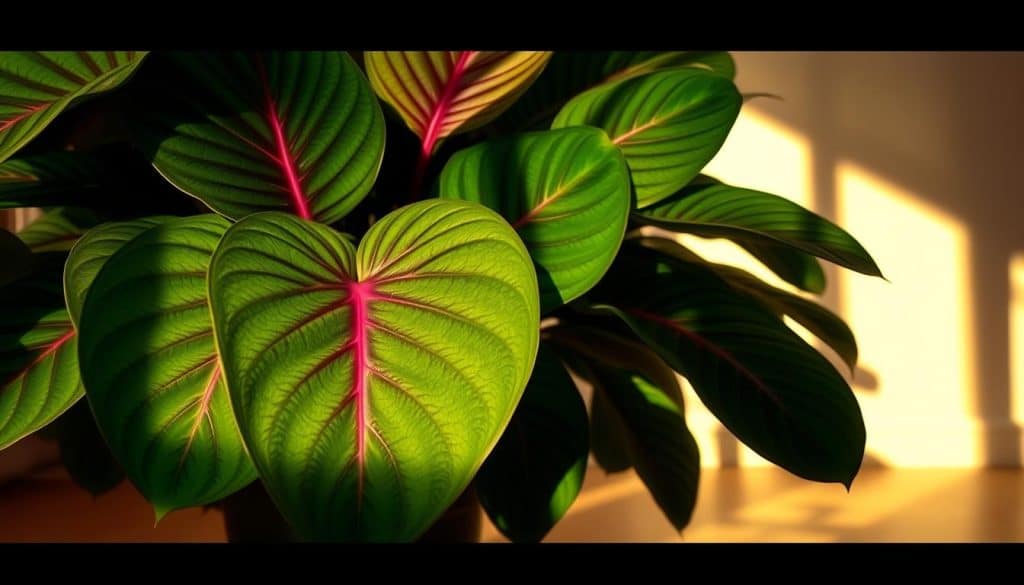 A lush, verdant Calathea plant, its striking foliage casting a soft, dappled shadow on the floor beneath it. The leaves, in shades of deep green and vibrant purple, are illuminated by warm, gentle lighting, creating an inviting, serene atmosphere. The plant is positioned in the foreground, its detailed textures and intricate patterns visible. The middle ground features a simple, minimalist background, allowing the Calathea to be the focal point. The composition is framed from a low angle, emphasizing the plant's impressive, towering presence and the delicate interplay of light and shadow. This image perfectly captures the essence of the "Pflegehinweise für die Calathea, Korbmarante" section, showcasing the plant's unique beauty and the care required to maintain it.