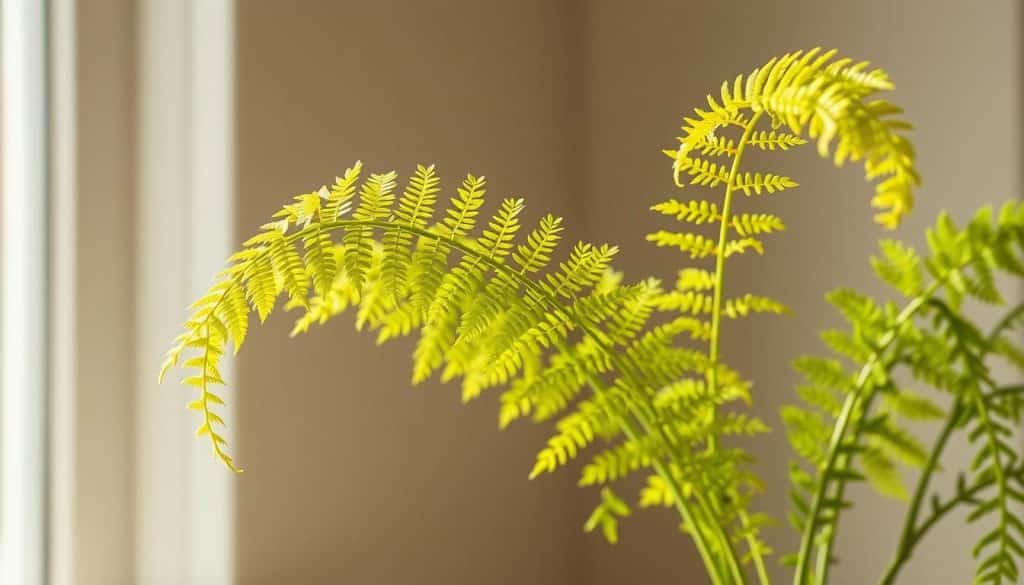 A lush, verdant Goldtüpfelfarn, Phlebodium, framed in soft, diffused natural light. Delicate, golden-hued fronds unfurl gracefully, their intricate patterns and textures captured in meticulous detail. The plant is positioned prominently in the foreground, its foliage the focal point, against a blurred, neutral background that allows the subject to shine. Subtle shadows and highlights accentuate the dimensional qualities of the leaves, conveying a sense of depth and volume. The overall composition is balanced and aesthetically pleasing, highlighting the plant's inherent beauty and suitability for indoor cultivation and care.