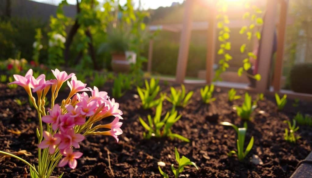 A lush, verdant garden bathed in the soft, golden light of early morning. In the foreground, a cluster of delicate, vibrant flowers in shades of pink, purple, and yellow burst forth, their petals gently unfurling. The middle ground reveals a well-tended flower bed, the soil dark and rich, with carefully pruned stems and leaves. In the background, a wooden trellis supports a climbing vine, its tendrils reaching towards the sun. The scene is peaceful and serene, capturing the essence of the spring season and the tender care required to nurture early-blooming plants.