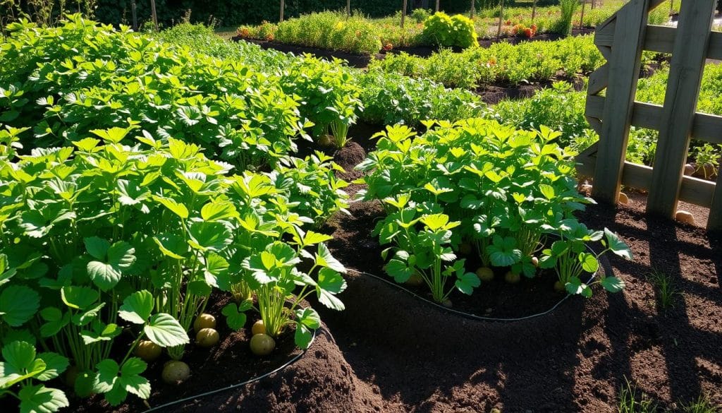 A lush, verdant garden filled with thriving potato plants, their vibrant green foliage reaching towards the sun. In the foreground, gently mounded soil beds showcase the underground tubers, ready for harvest. Mid-ground, a picturesque wooden fence frames the scene, casting dappled shadows across the soil. In the background, a bountiful vegetable patch with a variety of other crops, all basking in the warm, golden light of a summer afternoon. The overall atmosphere is one of abundance, tranquility, and the pride of a well-tended kitchen garden.