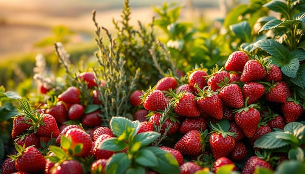 A lush, verdant garden scene showcasing a bountiful harvest of fresh, ripe strawberries nestled among a vibrant array of aromatic herbs. In the foreground, clusters of ruby-red strawberries gleam in the warm, golden light, their plump, juicy forms contrasting with the delicate, feathery leaves of rosemary, thyme, and basil that surround them. In the middle ground, the herbs sway gently in a soft breeze, their fragrant scents mingling with the sweet, earthy aroma of the strawberries. The background features a dreamlike, out-of-focus landscape, hinting at the serene, pastoral setting. The overall composition evokes a sense of harmony, abundance, and the natural synergy between these complementary plants.