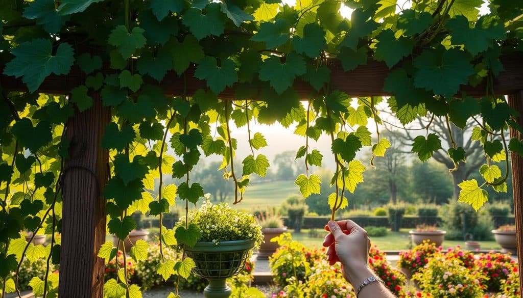 A lush, verdant grapevine known as the Kolumnee, its trailing tendrils and broad leaves cascading gently over a weathered wooden trellis. Soft, diffused sunlight filters through the canopy, casting a warm, golden glow upon the scene. In the foreground, a gardener's hands tenderly prune and guide the vines, tending to their health and growth with a practiced, gentle touch. The background reveals a picturesque country garden, the Kolumnee nestled amidst a tapestry of vibrant blooms and mature trees. An atmosphere of peaceful tranquility and reverence for the natural world pervades the image.
