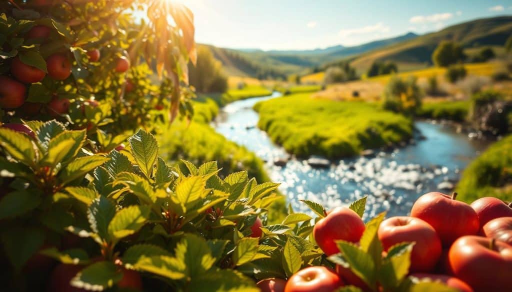 A lush, verdant landscape bathed in warm, golden sunlight. In the foreground, a bountiful display of vibrant green leaves and crisp red apples, symbols of the restorative powers of apple cider vinegar. The middle ground features a tranquil stream, its crystal-clear waters gently flowing, representing the cleansing and detoxifying effects on the body. In the background, rolling hills and a serene blue sky, evoking a sense of balance and harmony. The scene is captured with a wide-angle lens, creating a sense of depth and immersion, inviting the viewer to fully appreciate the healthful benefits of this natural elixir.