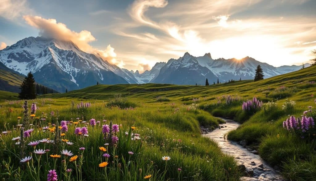 A lush, verdant meadow nestled in a serene alpine landscape. Towering snow-capped peaks loom in the distant background, their majestic silhouettes bathed in warm, golden sunlight filtering through wispy clouds. In the foreground, a diverse array of wildflowers sway gently in a light breeze - delicate petals in shades of purple, yellow, and white. A tranquil stream meanders through the scene, its crystal-clear waters reflecting the surrounding foliage. An atmosphere of peaceful tranquility and natural harmony pervades the image, capturing the essence of the Perowskie's natural habitat.